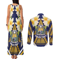 Personalised Nauru Independence Day Couples Matching Tank Maxi Dress and Long Sleeve Button Shirt Coat Of Arms With Plumeria LT05 - Polynesian Pride