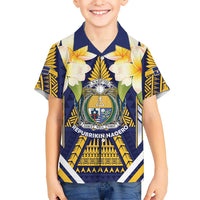 Personalised Nauru Independence Day Family Matching Mermaid Dress and Hawaiian Shirt Coat Of Arms With Plumeria LT05 Son's Shirt Navy - Polynesian Pride