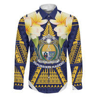 Personalised Nauru Independence Day Family Matching Off The Shoulder Long Sleeve Dress and Hawaiian Shirt Coat Of Arms With Plumeria LT05 Dad's Shirt - Long Sleeve Navy - Polynesian Pride