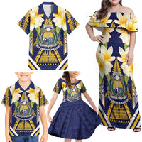 Personalised Nauru Independence Day Family Matching Off Shoulder Maxi Dress and Hawaiian Shirt Coat Of Arms With Plumeria LT05 - Polynesian Pride