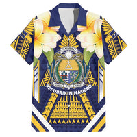 Personalised Nauru Independence Day Family Matching Short Sleeve Bodycon Dress and Hawaiian Shirt Coat Of Arms With Plumeria LT05 Dad's Shirt - Short Sleeve Navy - Polynesian Pride