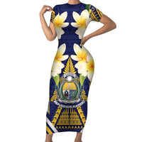 Personalised Nauru Independence Day Family Matching Short Sleeve Bodycon Dress and Hawaiian Shirt Coat Of Arms With Plumeria LT05 Mom's Dress Navy - Polynesian Pride