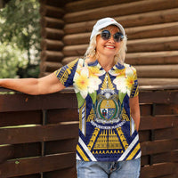 Personalised Nauru Independence Day Women Polo Shirt Coat Of Arms With Plumeria - Polynesian Pride