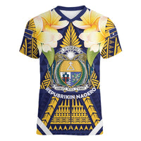 Personalised Nauru Independence Day Women V-Neck T-Shirt Coat Of Arms With Plumeria LT05 Female Navy - Polynesian Pride