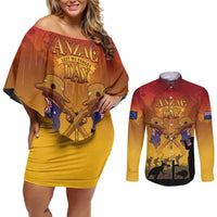 ANZAC Day Couples Matching Off Shoulder Short Dress and Long Sleeve Button Shirt Australia And New Zealand Slouch Hats LT05 Yellow - Polynesian Pride