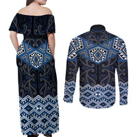 New Zealand Aotearoa Couples Matching Off Shoulder Maxi Dress and Long Sleeve Button Shirt Blue Taniko Art Maori Pattern