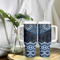 New Zealand Aotearoa Tumbler With Handle Blue Taniko Art Maori Pattern