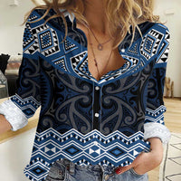 New Zealand Aotearoa Women Casual Shirt Blue Taniko Art Maori Pattern