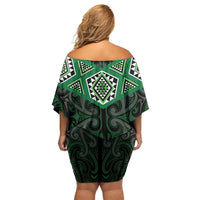 New Zealand Aotearoa Off Shoulder Short Dress Green Taniko Art Maori Pattern