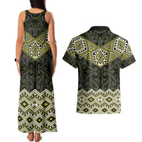 New Zealand Aotearoa Couples Matching Tank Maxi Dress and Hawaiian Shirt Yellow Taniko Art Maori Pattern
