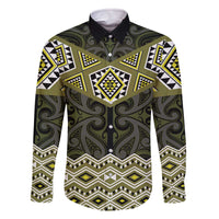 New Zealand Aotearoa Family Matching Off The Shoulder Long Sleeve Dress and Hawaiian Shirt Yellow Taniko Art Maori Pattern