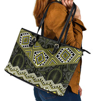 New Zealand Aotearoa Leather Tote Bag Yellow Taniko Art Maori Pattern