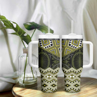 New Zealand Aotearoa Tumbler With Handle Yellow Taniko Art Maori Pattern