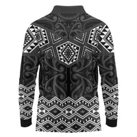 New Zealand Aotearoa Long Sleeve Polo Shirt Black Taniko Art Maori Pattern