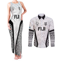 Custom Fiji 2026 Rugby Couples Matching Tank Maxi Dress and Long Sleeve Button Shirt Fijian Tapa Pattern LT05 White - Polynesian Pride