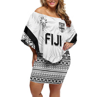 Custom Fiji 2026 Rugby Family Matching Off Shoulder Short Dress and Hawaiian Shirt Fijian Tapa Pattern LT05 Mom's Dress White - Polynesian Pride