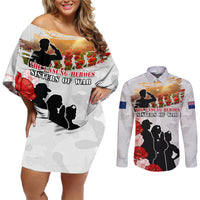 New Zealand ANZAC Day Couples Matching Off Shoulder Short Dress and Long Sleeve Button Shirt The Unsung Heroes Sisters of War LT05 White - Polynesian Pride