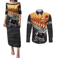 New Zealand ANZAC Rugby Couples Matching Puletasi and Long Sleeve Button Shirt Soldier Fern With Kiwi Bird LT05 Black - Polynesian Pride