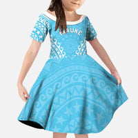 Custom Cook Islands Mauke Family Matching Off The Shoulder Long Sleeve Dress and Hawaiian Shirt Polynesian Tribal Tattoo LT05 Daughter's Dress Baby Blue - Polynesian Pride