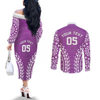 Custom Cook Islands Mangaia Couples Matching Off The Shoulder Long Sleeve Dress and Long Sleeve Button Shirt Polynesian Tribal Tattoo LT05 - Polynesian Pride