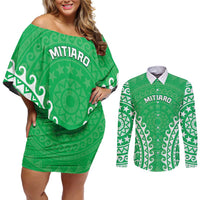Custom Cook Islands Mitiaro Couples Matching Off Shoulder Short Dress and Long Sleeve Button Shirt Polynesian Tribal Tattoo LT05 Green - Polynesian Pride