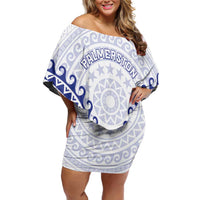 Custom Cook Islands Palmerston Family Matching Off Shoulder Short Dress and Hawaiian Shirt Polynesian Tribal Tattoo LT05 Mom's Dress Navy - Polynesian Pride