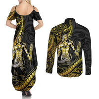 Filipinos Lapu Lapu Hero Couples Matching Summer Maxi Dress and Long Sleeve Button Shirt Gold Polynesian Tribal Tattoo LT05 - Polynesian Pride