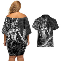 Filipinos Lapu Lapu Hero Couples Matching Off Shoulder Short Dress and Hawaiian Shirt Black Polynesian Tribal Tattoo LT05 - Polynesian Pride