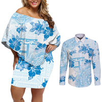 Happy Fiji Girmit Day Couples Matching Off Shoulder Short Dress and Long Sleeve Button Shirt Fijian Tapa With Mandala Pattern LT05 Blue - Polynesian Pride