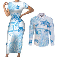 Happy Fiji Girmit Day Couples Matching Short Sleeve Bodycon Dress and Long Sleeve Button Shirt Fijian Tapa With Mandala Pattern LT05 Blue - Polynesian Pride