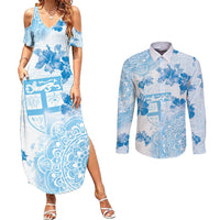Happy Fiji Girmit Day Couples Matching Summer Maxi Dress and Long Sleeve Button Shirt Fijian Tapa With Mandala Pattern LT05 Blue - Polynesian Pride