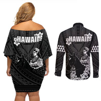Hawaii King Kamehameha Day Parade Couples Matching Off Shoulder Short Dress and Long Sleeve Button Shirt With Pa'u Riders Plumeria Kakau Tribal Pattern