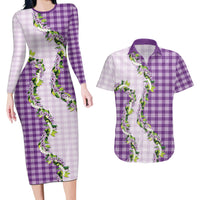 Violet Hawaii Palaka Couples Matching Long Sleeve Bodycon Dress and Hawaiian Shirt Maile Pikake Honohono Orchid Lei LT05 Violet - Polynesian Pride