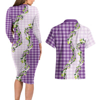 Violet Hawaii Palaka Couples Matching Long Sleeve Bodycon Dress and Hawaiian Shirt Maile Pikake Honohono Orchid Lei LT05 - Polynesian Pride