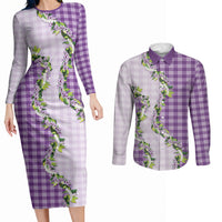 Violet Hawaii Palaka Couples Matching Long Sleeve Bodycon Dress and Long Sleeve Button Shirt Maile Pikake Honohono Orchid Lei LT05 Violet - Polynesian Pride