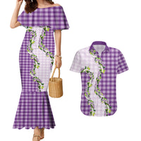 Violet Hawaii Palaka Couples Matching Mermaid Dress and Hawaiian Shirt Maile Pikake Honohono Orchid Lei LT05 Violet - Polynesian Pride