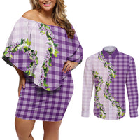 Violet Hawaii Palaka Couples Matching Off Shoulder Short Dress and Long Sleeve Button Shirt Maile Pikake Honohono Orchid Lei LT05 Violet - Polynesian Pride