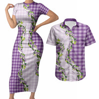 Violet Hawaii Palaka Couples Matching Short Sleeve Bodycon Dress and Hawaiian Shirt Maile Pikake Honohono Orchid Lei LT05 Violet - Polynesian Pride