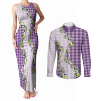 Violet Hawaii Palaka Couples Matching Tank Maxi Dress and Long Sleeve Button Shirt Maile Pikake Honohono Orchid Lei LT05 Violet - Polynesian Pride