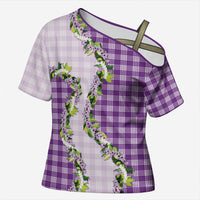 Violet Hawaii Palaka Cross Shoulder Shirt Maile Pikake Honohono Orchid Lei