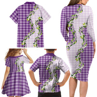 Violet Hawaii Palaka Family Matching Long Sleeve Bodycon Dress and Hawaiian Shirt Maile Pikake Honohono Orchid Lei LT05 Mom's Dress Violet - Polynesian Pride
