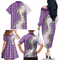 Violet Hawaii Palaka Family Matching Off The Shoulder Long Sleeve Dress and Hawaiian Shirt Maile Pikake Honohono Orchid Lei LT05 Mom's Dress Violet - Polynesian Pride