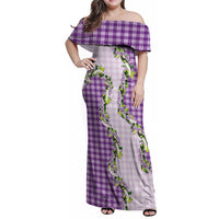 Violet Hawaii Palaka Family Matching Off Shoulder Maxi Dress and Hawaiian Shirt Maile Pikake Honohono Orchid Lei LT05 Mom's Dress Violet - Polynesian Pride