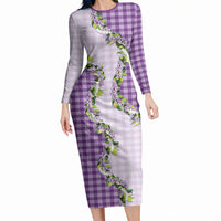 Violet Hawaii Palaka Long Sleeve Bodycon Dress Maile Pikake Honohono Orchid Lei LT05 Long Dress Violet - Polynesian Pride