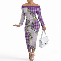 Violet Hawaii Palaka Off The Shoulder Long Sleeve Dress Maile Pikake Honohono Orchid Lei LT05 Women Violet - Polynesian Pride