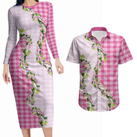Pink Hawaii Palaka Couples Matching Long Sleeve Bodycon Dress and Hawaiian Shirt Maile Pikake Honohono Orchid Lei LT05 Pink - Polynesian Pride