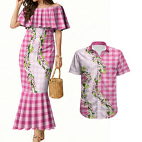 Pink Hawaii Palaka Couples Matching Mermaid Dress and Hawaiian Shirt Maile Pikake Honohono Orchid Lei LT05 Pink - Polynesian Pride