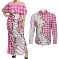 Pink Hawaii Palaka Couples Matching Off Shoulder Maxi Dress and Long Sleeve Button Shirt Maile Pikake Honohono Orchid Lei LT05 Pink - Polynesian Pride