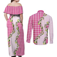 Pink Hawaii Palaka Couples Matching Off Shoulder Maxi Dress and Long Sleeve Button Shirt Maile Pikake Honohono Orchid Lei LT05 - Polynesian Pride