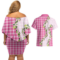 Pink Hawaii Palaka Couples Matching Off Shoulder Short Dress and Hawaiian Shirt Maile Pikake Honohono Orchid Lei LT05 - Polynesian Pride